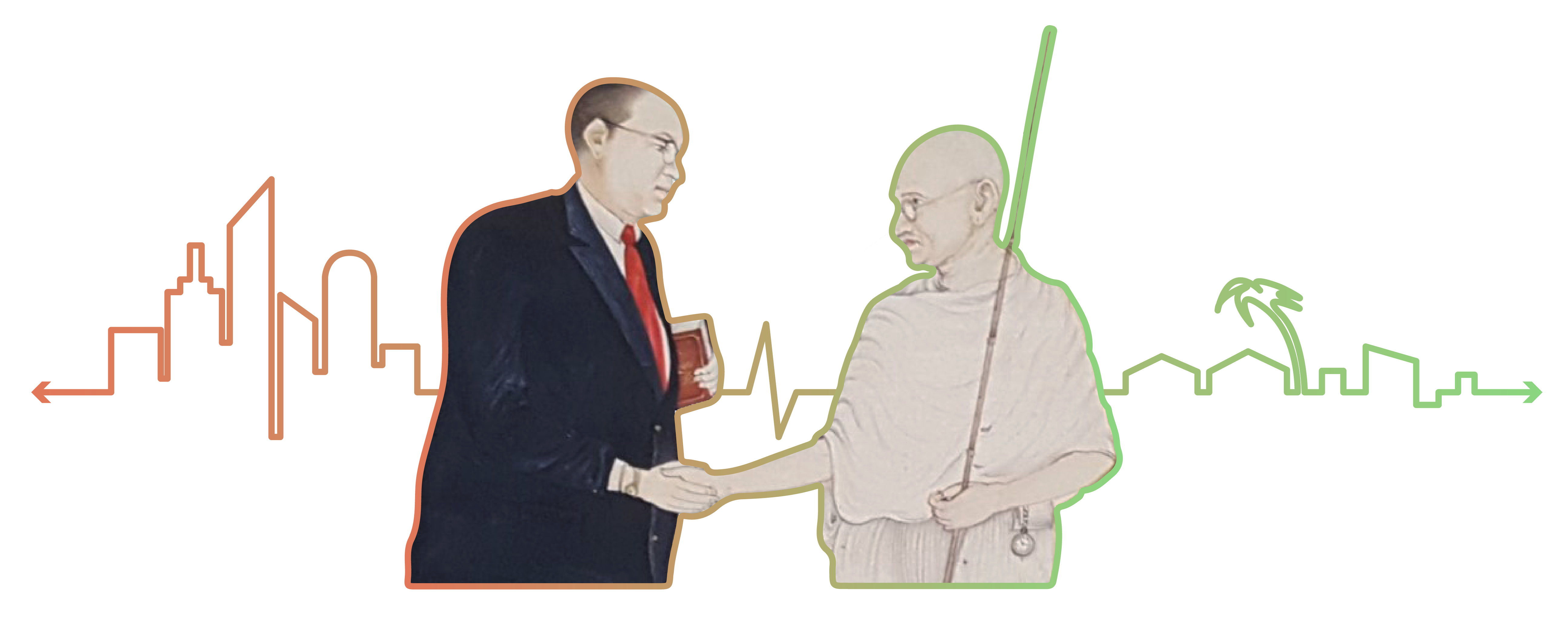 Imagining a place where Mahatma Gandhi’s village meets Dr. Babasaheb Ambedkar’s city.  Illustration by Hugh Ebdy