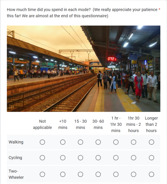 A table on page 3 that allows the respondents to share time duration for multiple modes they used during their journey