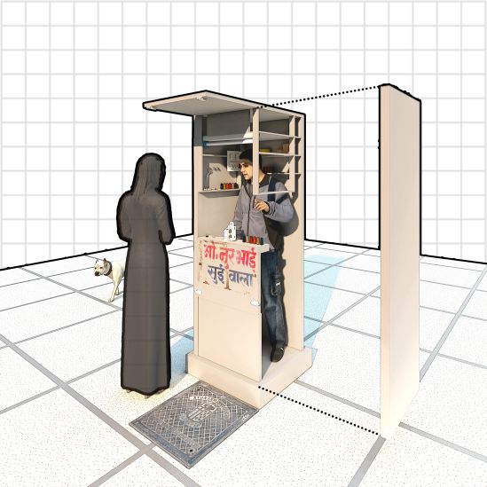 Noor Bhai’s Needle Shop is one of the foremost examples of a mild steel frame and aluminum infill structure.The collapsible window opens up to form the weather shade and an extended working counter.