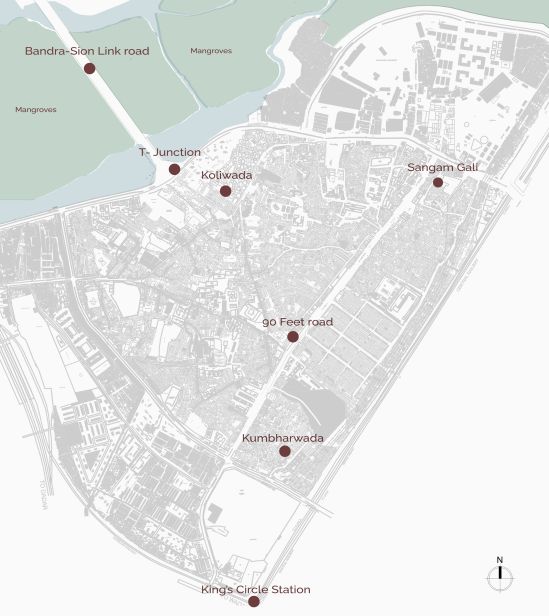 Map of Dharavi indicating the location of the Kumbharwada