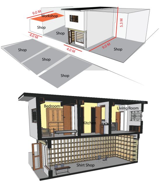 Section through Toolhouse showing the living spaces above the shirt shop