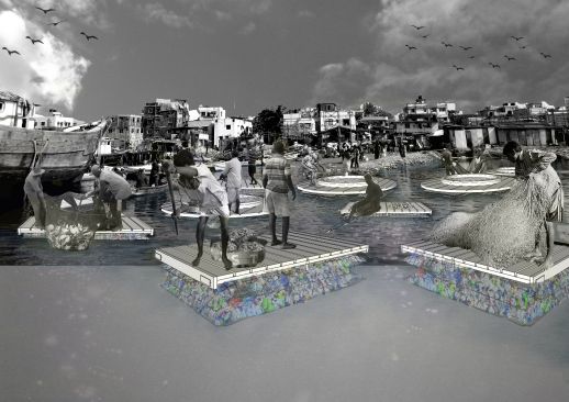 Boats made of plastic waste and wooden boards along with fish culture floating pods being used