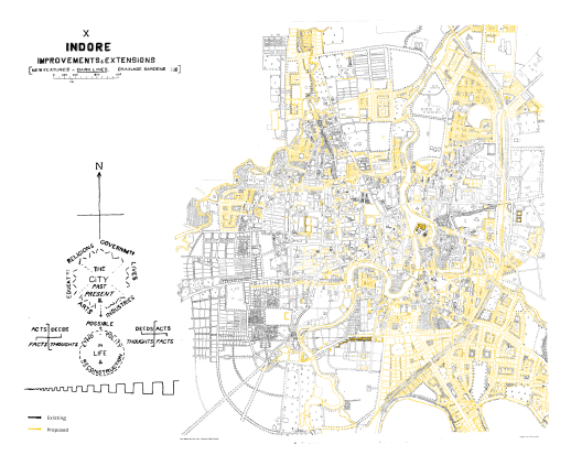 Remix of a 1918 plan for Indore by Patrick Geddes. Geddes' "conservative surgery" aimed at enhancing the potential of this city as it existed. He believed that a city's history was the fertile soil upon which it should build its future.