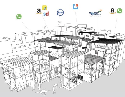 An increasing number of small traders in Dharavi–a large ‘homegrown’ settlement in the heart of Mumbai–are using apps for business. This map was produced on the basis of studies and interviews conducted in the past three months around a small lane, known as Bareilly Compound, in Dharavi’s Social Nagar. The businesses there include leather goods manufacturing, garment workshops, various trading outfits, retail shops, wholesalers and tea and pan shops. The apps used for business include Whatsapp, Flipkart, Am