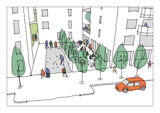 Une terrasse, espace de transition entre le quartier et les rez-de-chaussées de l’immeuble préexistant: ces arcades doivent être reconnectées pour fonctionner.