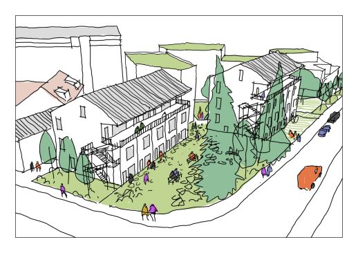 L’entrée Ouest du quartier, marquée par deux grands sapins préservés, est marquée par un petit jardin public en mémoire de M. Werner Zahnd