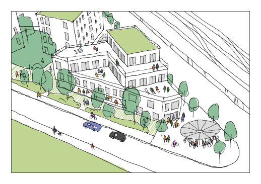 Un bâtiment original qui marque l'entrée du quartier visible depuis la gare. Le parking à vélo est remplacé par une placette.