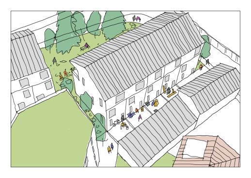 Une ruelle étroite, ouverte au public, mais servant d’arrière cour pour du stockage ou des activités des livework