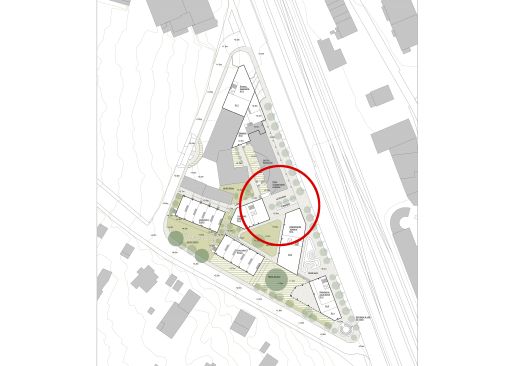 Une respiration sur le front urbain avec un retrait, créant une entrée supplémentaires pour le quartier, cela casse l’impression de barre d’immeuble. Les Rez de chaussée des trois façades délimite la terrasse et s’ouvrent à elle. 