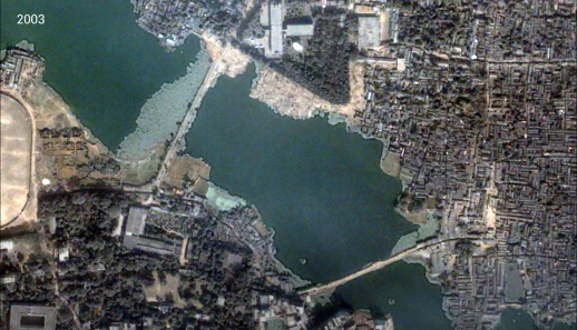 Evolution of the urban form in Karail, Dhaka from 2001-2018.