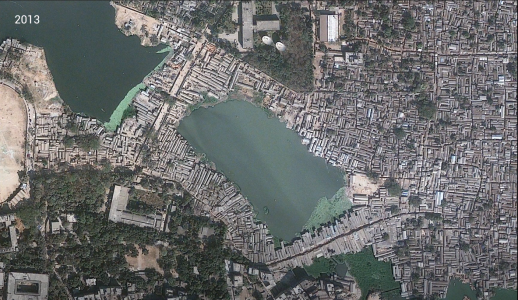 Evolution of the urban form in Karail, Dhaka from 2001-2018.