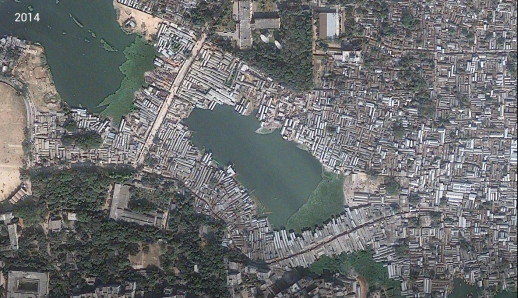 Evolution of the urban form in Karail, Dhaka from 2001-2018.