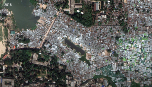 Evolution of the urban form in Karail, Dhaka from 2001-2018.