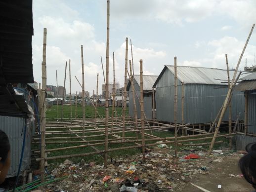 Houses in south Karail are constructed on bamboo stilts.  