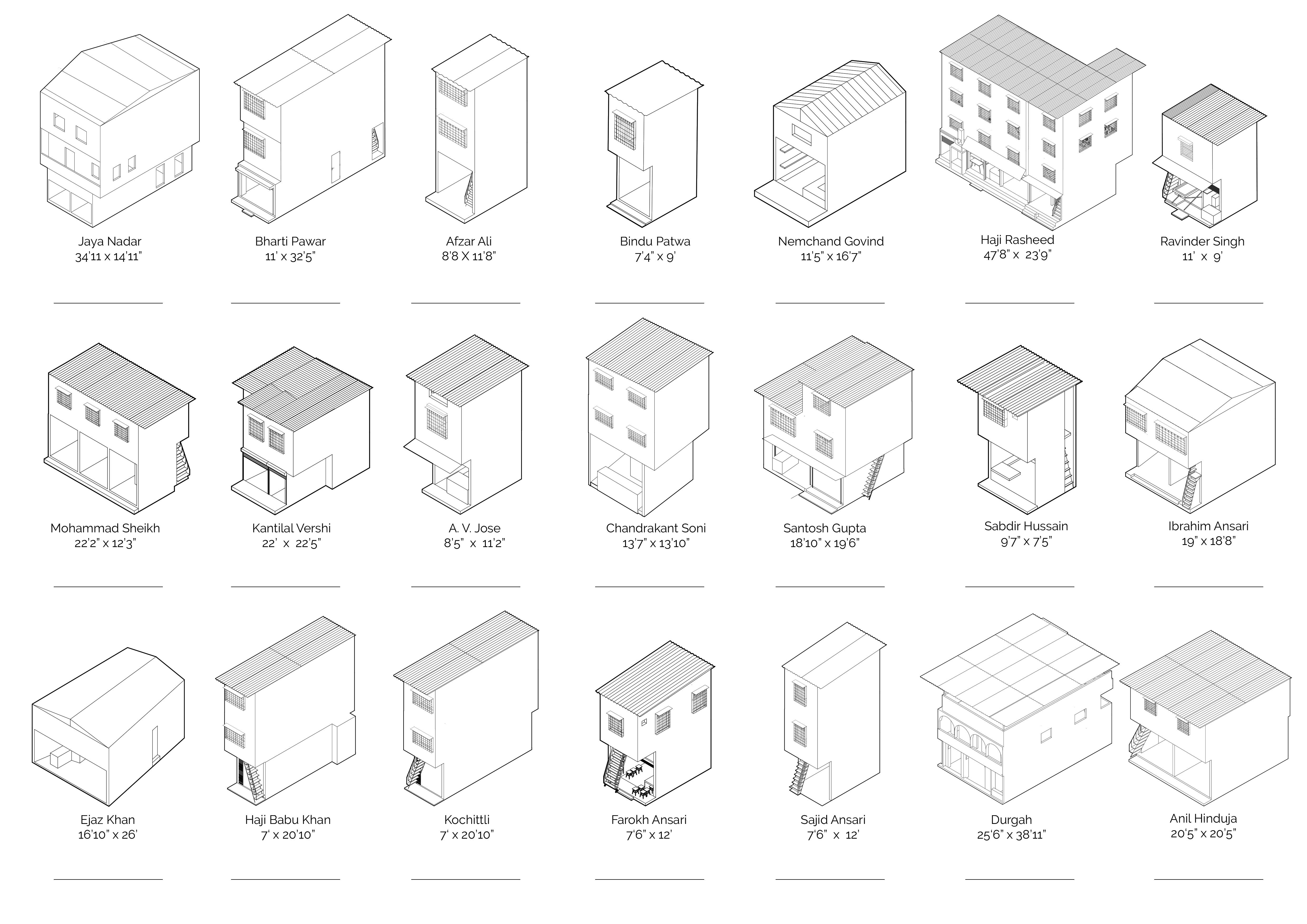 Isometric representation of 21 Toolhouses in Sangam Gully, dimensions both in feet and meters.